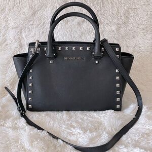 Michael Kors Studded Leather Selma Small Black Crossbody Purse Bag